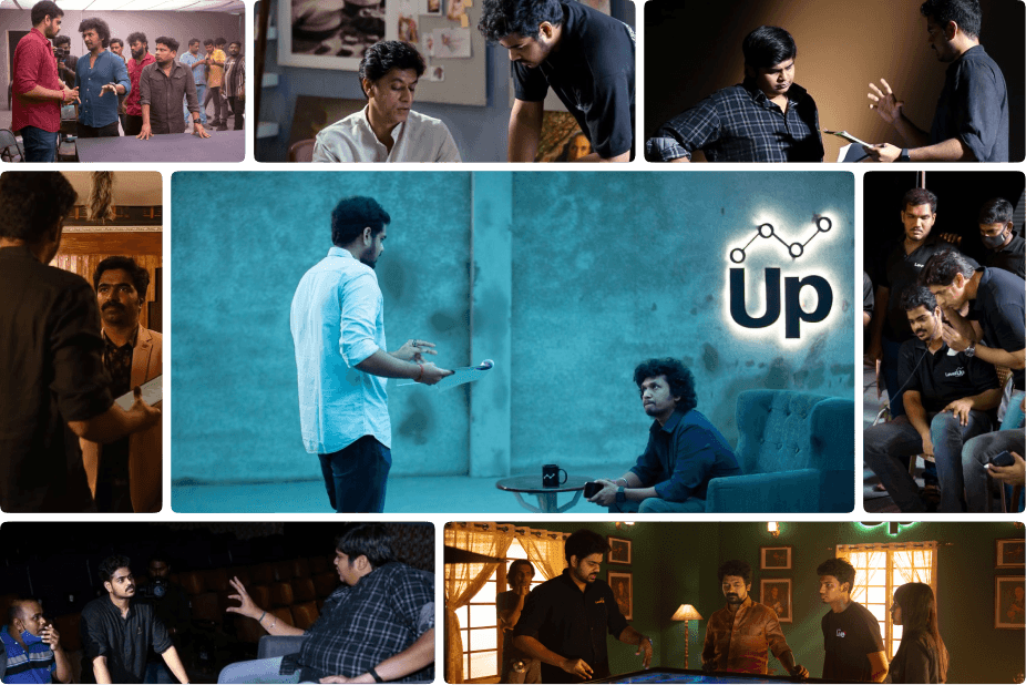 Behind-the-scenes collage — Rahul on set with Lokesh Kanagaraj, Karthik Subbaraj, Ravi Basrur, DRK Kiran, G Venket Ram, Anthony Gonsalvez, and others.